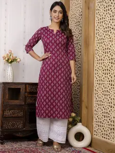 Nayo Ethnic Motifs Printed Notch Neck Cotton Kurta