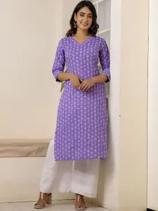 Nayo Geometric Printed  V-Neck Cotton Straight Kurta