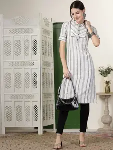 Stylum Off White Shirt Collar Striped Cotton Straight Kurta