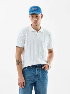 Snitch Men Striped Polo Collar Pockets Slim Fit T-shirt