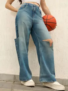 Hubberholme Women 90's baggy High-Rise Slash Knee Light Fade Jeans