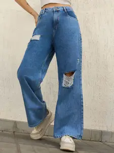 Hubberholme Women 90's baggy High-Rise Heavy Distressed Light Fade Jeans