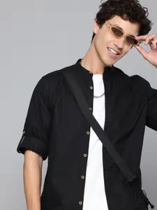 Aeropostale Geometric Self Design Band Collar Roll-Up Sleeves Pure Cotton Casual Shirt