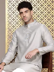 House of Pataudi Self-Design Geometric Band Collar Jashn Kurta with Churidar