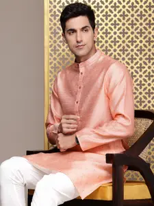 House of Pataudi Self-Design Geometric Band Collar Jashn Kurta with Churidar