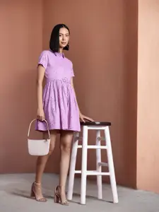 all about you Pure Cotton Schiffli A-Line Dress with Belt