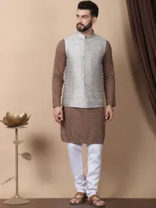 Anouk Brown Floral Embroidered Sequinned Pure Cotton Kurta with Churidar & Nehru Jacket