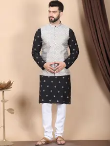Anouk Black Floral Embroidered Sequinned Cotton Silk Kurta with Churidar & Nehru Jacket