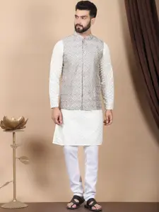 Anouk Cream-Coloured Floral Embroidered Pure Cotton Kurta with Churidar & Nehru Jacket