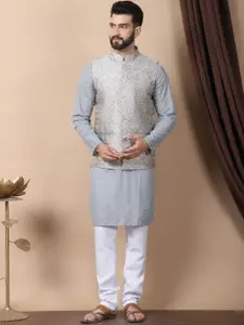Anouk Grey Floral Embroidered Thread Work Pure Cotton Kurta with Churidar & Nehru Jacket