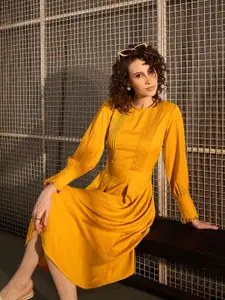 StyleStone Cuffed Sleeves Fit and Flare Midi Dress