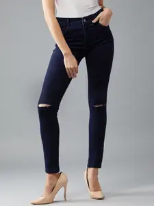 DOLCE CRUDO Women Skinny Fit High Rise Knee Slit Denim Stretchable Jeans