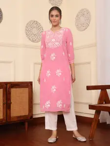 SAVI Floral Embroidered Puff Sleeves Straight Kurta