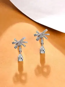 Clara 925 Sterling Silver Rhodium-Plated CZ Stone Studded Teardrop Shaped Studs Earrings