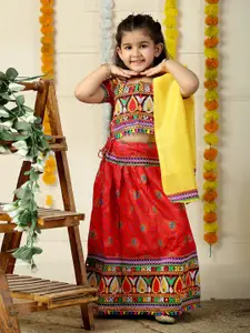 ahhaaaa Girls Embroidered Mirror Work Cotton Ready to Wear Lehenga & Blouse With Dupatta