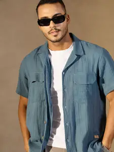 DENNISON Men Self Design Cuban Collar Smart Casual Shirt