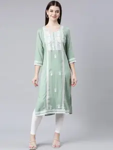 Neerus Floral Embroidered Thread Work Straight Kurta