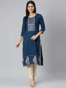 Neerus Geometric Embroidered Thread Work Straight Kurta