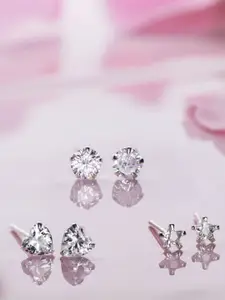 Zavya Set of 3 Rhodium-Plated 925 Sterling Silver Cubic Zirconia Studded Studs Earrings