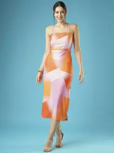 Globus Stretchable Abstract Print Strappy Shoulder Cut-Outs Sheath Midi Party Dress
