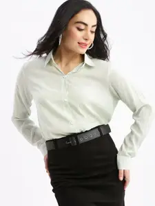 SHOWOFF Women Relaxed Slim Fit Pinstripes Semi Sheer Striped Casual Shirt
