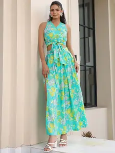 JISORA Turquoise Blue Floral Printed Pure Cotton Tie-Up Crop Top With Skirt