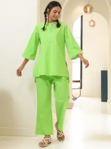 JISORA Fluorescent Green Round Neck Pure Cotton High-Low Top With Trousers