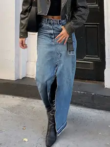 MIAKEE Women Denim Maxi Flared Skirt