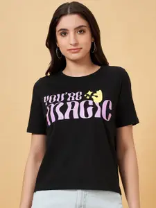 People Women Typography Printed High Neck Drop-Shoulder Sleeves Applique Boxy T-shirt