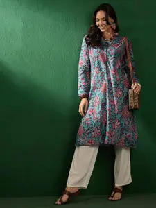 Sangria V-Neck Printed Cotton Straight Kurtas