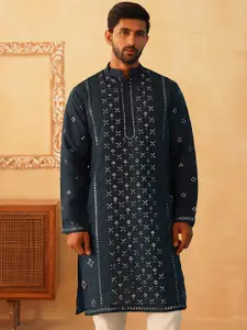 Jompers Geometric Embroidered Mandarin Collar Thread Work Straight Kurta
