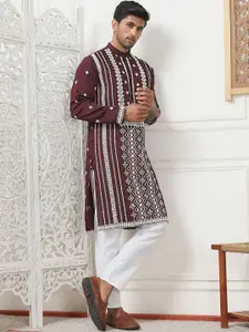 Jompers Geometric Embroidered Mandarin Collar Thread Work Cotton Silk Straight Kurta
