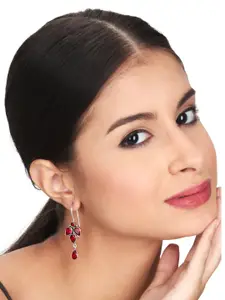 Anvik Silver-Plated American Diamond-Studded Oxidised Contemporary Drop Earrings