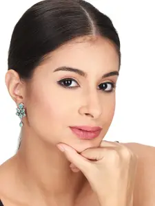 Anvik Silver-Plated American Diamond-Studded Oxidised Contemporary Drop Earrings