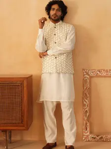 Jompers Mandarin Collar Thread Work Straight Kurta With Pyjamas