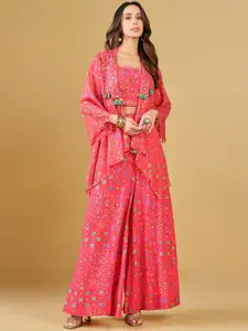 Global Desi Printed Square Neck Top With Shrug & Palazzos