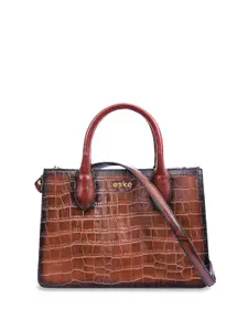 eske Women Tan Croco Textured 3 Compartment Structured Build Office Leather Handbag