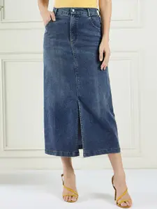 DRAPE AND DAZZLE Women Denim Front Slit Midi A-Line Skirt