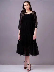 HIGHLIGHT FASHION EXPORT Puff Sleeve Georgette Fit and Flare Midi Dress