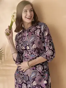 Anouk Floral Printed Mandarin Collar Straight Kurta