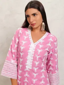 Vishudh Pink  Floral Embroidered V-Neck Thread Work Straight Kurta