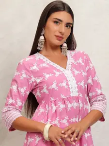 Vishudh Pink  Floral Embroidered V-Neck Thread Work Pleated A-Line Kurta