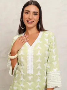 Vishudh Lime Green Floral Embroidered V-Neck Thread Work Straight Kurta