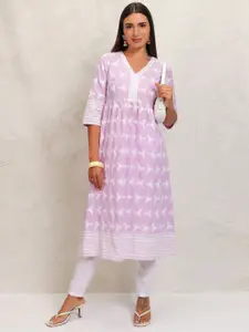 Vishudh Lavender Floral Embroidered Thread Work Pleated A-Line Kurta