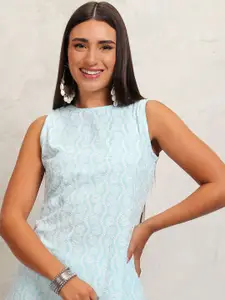 Vishudh Blue Floral Embroidered Thread Work Straight Kurta