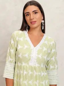Vishudh Lime Green Floral Embroidered Thread Work Pleated A-Line Kurta