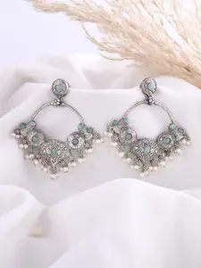 DASTOOR Silver-Plated Stone-Studded & Beaded Silver Oxidised Drop Earrings