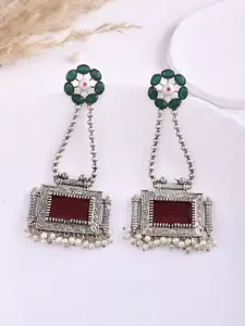 DASTOOR Silver-Plated Stone-Studded & Beaded Silver Oxidised Drop Earrings