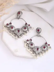 DASTOOR Silver-Plated Stone-Studded & Beaded Silver Oxidised Drop Earrings
