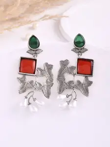 DASTOOR Silver-Plated Stone-Studded & Beaded Silver Oxidised Drop Earrings